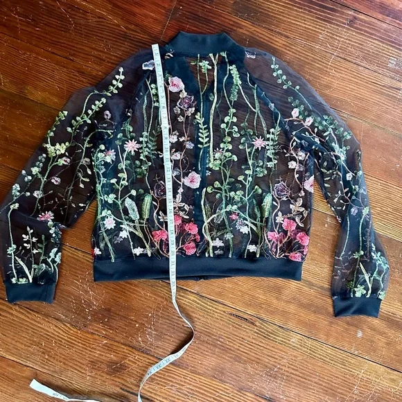 Green and Black Floral Bomber Jacket with Zipper Closure - Picture 3 of 4